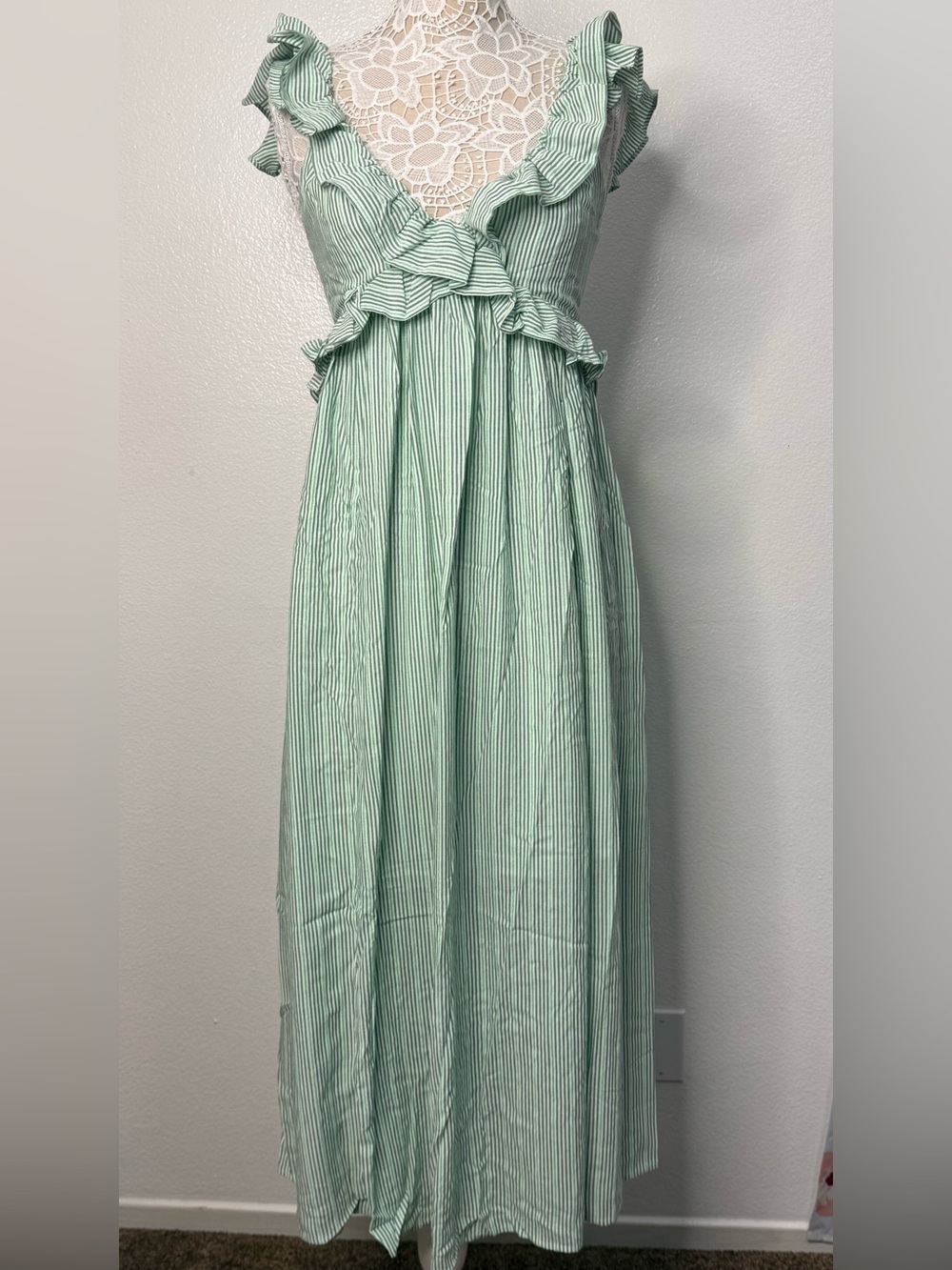 NWT Mint Green Striped Ruffle Maxi Dress